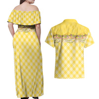 Hawaii Palaka Pikake Lokelani Plumeria Couples Matching Off Shoulder Maxi Dress and Hawaiian Shirt Melemele Coquette Bow LT01 - Polynesian Pride