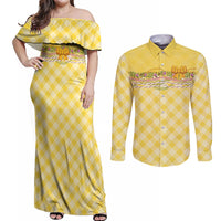 Hawaii Palaka Pikake Lokelani Plumeria Couples Matching Off Shoulder Maxi Dress and Long Sleeve Button Shirt Melemele Coquette Bow LT01 Yellow - Polynesian Pride