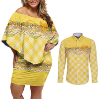 Hawaii Palaka Pikake Lokelani Plumeria Couples Matching Off Shoulder Short Dress and Long Sleeve Button Shirt Melemele Coquette Bow LT01 Yellow - Polynesian Pride