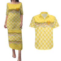 Hawaii Palaka Pikake Lokelani Plumeria Couples Matching Puletasi and Hawaiian Shirt Melemele Coquette Bow