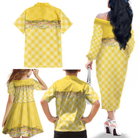 Hawaii Palaka Pikake Lokelani Plumeria Family Matching Off The Shoulder Long Sleeve Dress and Hawaiian Shirt Melemele Coquette Bow LT01 - Polynesian Pride