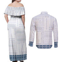 Samoa Siapo Blue Trimmed Couples Matching Off Shoulder Maxi Dress and Long Sleeve Button Shirt Samoa White Sunday LT01 - Polynesian Pride