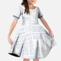 Samoa Siapo Blue Trimmed Family Matching Off The Shoulder Long Sleeve Dress and Hawaiian Shirt Samoa White Sunday - Polynesian Pride