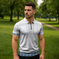 Samoa Siapo Blue Trimmed Zipper Polo Shirt Samoa White Sunday - Polynesian Pride
