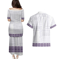 Samoa Siapo Purple Trimmed Couples Matching Puletasi and Hawaiian Shirt Samoa White Sunday LT01 - Polynesian Pride