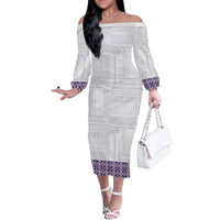 Samoa Siapo Purple Trimmed Family Matching Off The Shoulder Long Sleeve Dress and Hawaiian Shirt Samoa White Sunday LT01 Mom's Dress Purple - Polynesian Pride