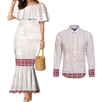 Samoa Siapo Red Trimmed Couples Matching Mermaid Dress and Long Sleeve Button Shirt Samoa White Sunday - Polynesian Pride