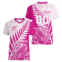 Custom New Zealand Rugby Silver Fern Women V-Neck T-Shirt Aotearoa Maori Pink Version LT01 - Polynesian Pride