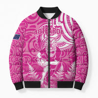 New Zealand Silver Fern Rugby All Pink Bomber Puffer Jacket Maori Tiki Player With Ta Moko Tribal LT01 Unisex Pink - Polynesian Pride