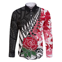Custom New Zealand and England Rugby Family Matching Off Shoulder Maxi Dress and Hawaiian Shirt Silver Fern With Red Rose World Cup 2023 LT01 Dad's Shirt - Long Sleeve Art - Polynesian Pride