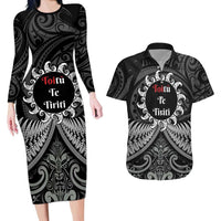 Personalised Toitu Te Tiriti Aotearoa Silver Fern Couples Matching Long Sleeve Bodycon Dress and Hawaiian Shirt New Zealand Maori Pattern LT01 Black - Polynesian Pride