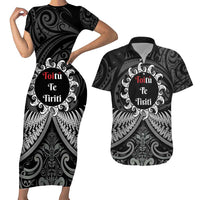 Personalised Toitu Te Tiriti Aotearoa Silver Fern Couples Matching Short Sleeve Bodycon Dress and Hawaiian Shirt New Zealand Maori Pattern LT01 Black - Polynesian Pride