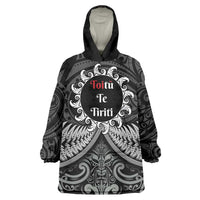 Personalised Toitu Te Tiriti Aotearoa Silver Fern Wearable Blanket Hoodie New Zealand Maori Pattern LT01 One Size Black - Polynesian Pride