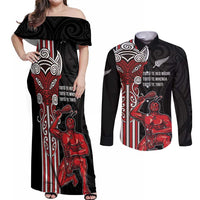 Toitu Te Reo Maori Toitu Te Whenua Toitu Te Tiriti Couples Matching Off Shoulder Maxi Dress and Long Sleeve Button Shirt Maori Warrior New Zealand LT01 Black - Polynesian Pride