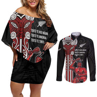 Toitu Te Reo Maori Toitu Te Whenua Toitu Te Tiriti Couples Matching Off Shoulder Short Dress and Long Sleeve Button Shirt Maori Warrior New Zealand LT01 Black - Polynesian Pride