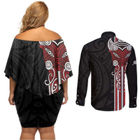 Toitu Te Reo Maori Toitu Te Whenua Toitu Te Tiriti Couples Matching Off Shoulder Short Dress and Long Sleeve Button Shirt Maori Warrior New Zealand LT01 - Polynesian Pride