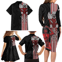 Toitu Te Reo Maori Toitu Te Whenua Toitu Te Tiriti Family Matching Long Sleeve Bodycon Dress and Hawaiian Shirt Maori Warrior New Zealand LT01 - Polynesian Pride