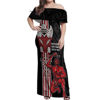 Toitu Te Reo Maori Toitu Te Whenua Toitu Te Tiriti Off Shoulder Maxi Dress Maori Warrior New Zealand LT01 Women Black - Polynesian Pride
