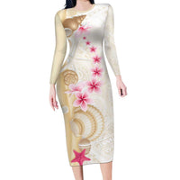 Beige Frangipani Sea Shell Family Matching Long Sleeve Bodycon Dress and Hawaiian Shirt Starfish Polynesian Pattern LT01 Mom's Dress Beige - Polynesian Pride
