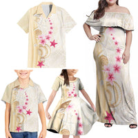 Beige Frangipani Sea Shell Family Matching Off Shoulder Maxi Dress and Hawaiian Shirt Starfish Polynesian Pattern - Polynesian Pride