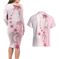 Pink Plumeria Sea Shell Couples Matching Long Sleeve Bodycon Dress and Hawaiian Shirt Starfish Polynesian Pattern - Polynesian Pride