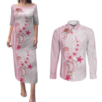 Pink Plumeria Sea Shell Couples Matching Puletasi and Long Sleeve Button Shirt Starfish Polynesian Pattern - Polynesian Pride