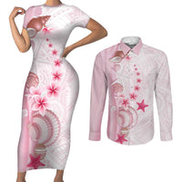 Pink Plumeria Sea Shell Couples Matching Short Sleeve Bodycon Dress and Long Sleeve Button Shirt Starfish Polynesian Pattern - Polynesian Pride