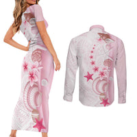 Pink Plumeria Sea Shell Couples Matching Short Sleeve Bodycon Dress and Long Sleeve Button Shirt Starfish Polynesian Pattern - Polynesian Pride