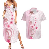 Pink Plumeria Sea Shell Couples Matching Summer Maxi Dress and Hawaiian Shirt Starfish Polynesian Pattern - Polynesian Pride