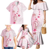 Pink Plumeria Sea Shell Family Matching Mermaid Dress and Hawaiian Shirt Starfish Polynesian Pattern - Polynesian Pride