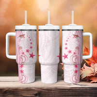 Pink Plumeria Sea Shell Tumbler With Handle Starfish Polynesian Pattern - Polynesian Pride