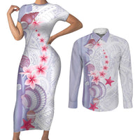Purple Plumeria Sea Shell Couples Matching Short Sleeve Bodycon Dress and Long Sleeve Button Shirt Starfish Polynesian Pattern - Polynesian Pride
