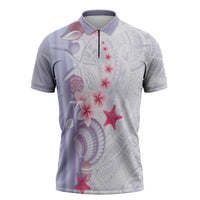 Purple Plumeria Sea Shell Zipper Polo Shirt Starfish Polynesian Pattern - Polynesian Pride