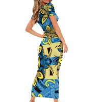 Plumeria Polynesian Pattern Family Matching Short Sleeve Bodycon Dress and Hawaiian Shirt Unique Fantasy Blue Yellow LT01 - Polynesian Pride