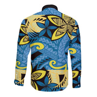 Plumeria Polynesian Pattern Long Sleeve Button Shirt Unique Fantasy Blue Yellow