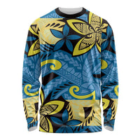 Plumeria Polynesian Pattern Long Sleeve Shirt Unique Fantasy Blue Yellow