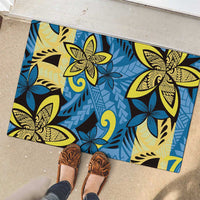 Plumeria Polynesian Pattern Rubber Doormat Unique Fantasy Blue Yellow