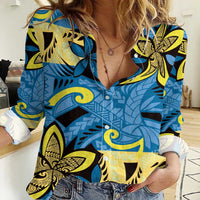 Plumeria Polynesian Pattern Women Casual Shirt Unique Fantasy Blue Yellow LT01 Female Blue - Polynesian Pride