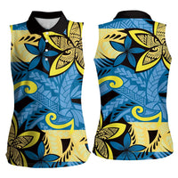 Plumeria Polynesian Pattern Women Sleeveless Polo Shirt Unique Fantasy Blue Yellow