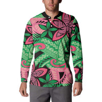 Plumeria Polynesian Pattern Button Sweatshirt Unique Fantasy Green Pink