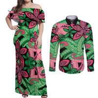 Plumeria Polynesian Pattern Couples Matching Off Shoulder Maxi Dress and Long Sleeve Button Shirt Unique Fantasy Green Pink