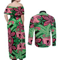 Plumeria Polynesian Pattern Couples Matching Off Shoulder Maxi Dress and Long Sleeve Button Shirt Unique Fantasy Green Pink