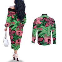Plumeria Polynesian Pattern Couples Matching Off The Shoulder Long Sleeve Dress and Long Sleeve Button Shirt Unique Fantasy Green Pink