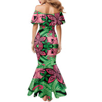 Plumeria Polynesian Pattern Family Matching Mermaid Dress and Hawaiian Shirt Unique Fantasy Green Pink LT01 - Polynesian Pride