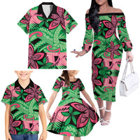 Plumeria Polynesian Pattern Family Matching Off The Shoulder Long Sleeve Dress and Hawaiian Shirt Unique Fantasy Green Pink LT01 - Polynesian Pride