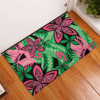Plumeria Polynesian Pattern Rubber Doormat Unique Fantasy Green Pink