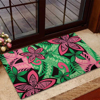 Plumeria Polynesian Pattern Rubber Doormat Unique Fantasy Green Pink