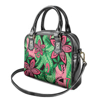 Plumeria Polynesian Pattern Shoulder Handbag Unique Fantasy Green Pink