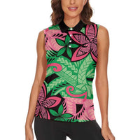 Plumeria Polynesian Pattern Women Sleeveless Polo Shirt Unique Fantasy Green Pink