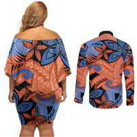 Plumeria Polynesian Pattern Couples Matching Off Shoulder Short Dress and Long Sleeve Button Shirt Unique Fantasy Orange Blue